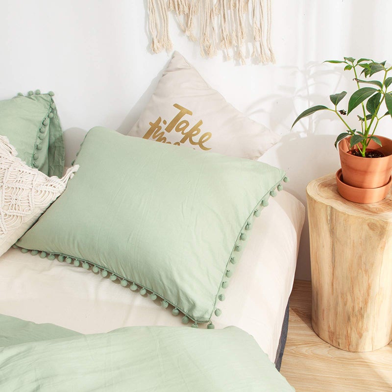 MOVE OVER Sage Green Pom Poms Pillowcases, Green Standard Pillow Cases Set of 2, 100% Washed Microfiber, Dark Sea Green Ball Fringe Pillow Cover, 2 Pack (Queen, Sage Green) - Image 5